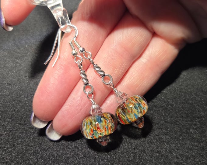 Glass lampwork bead earrings, handmade Boro multicolor frit beads with sterling and clear crystals.  Makes a great girlfriend gift.