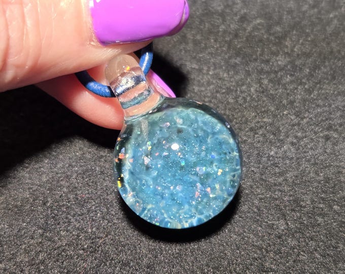 Cosmic Galaxy Opal Pendant • Crushed Gilson Opal Encased Borosilicate • Sparkly Sky Blue Celestial Blown Glass Necklace • Small Choker Gift