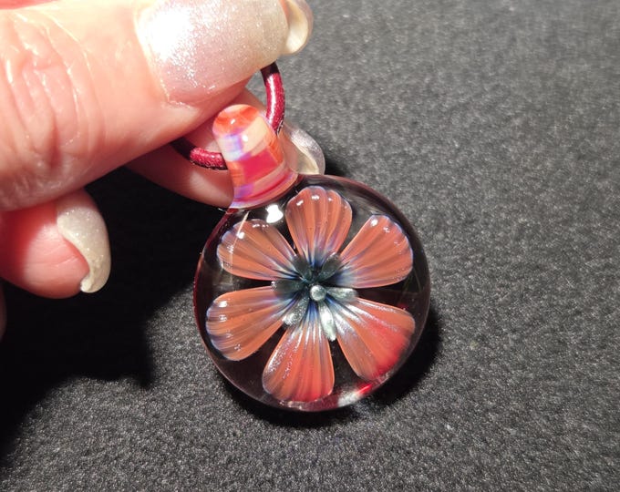 Pink Glass Flower Pendant, Heady Borosilicate Floral Implosion Necklace, Handmade Lampwork Hippie Jewelry Gift