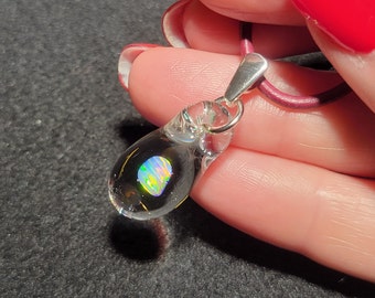 Tiny white Gilson opal choker pendant in sterling silver.  I call this dangle opal encased in glass necklace design “Mermaid’s tears”.