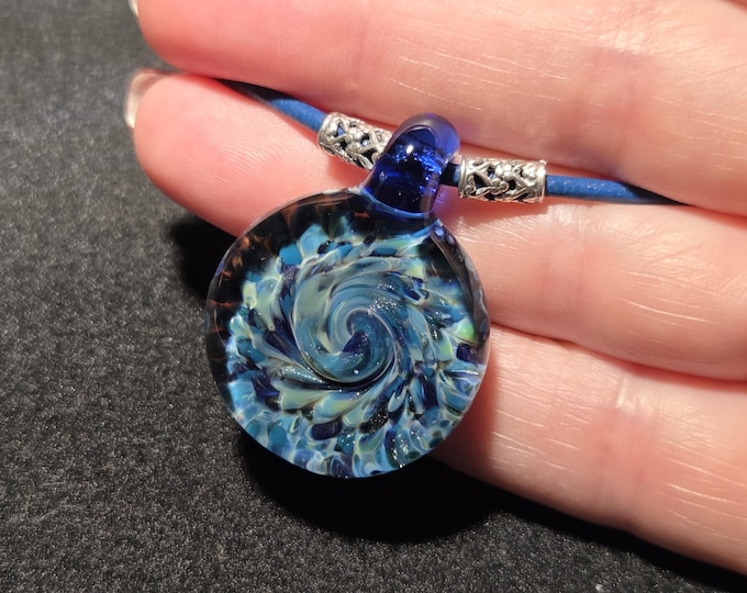 Blown glass Jewelry, Hand blown glass boro frit implosion pendant on Greek Leather Choker with sterling silver tube beads and lobster claw!