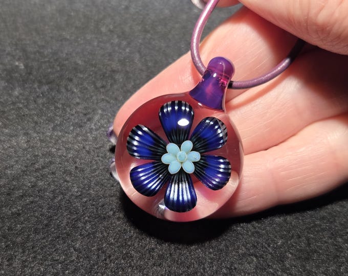 Hand Blown Art Glass Necklace with Boro Flower Implosion. Handmade Glass Flower Pendant in Borosilicate!  Heady Glass Flower Jewelry