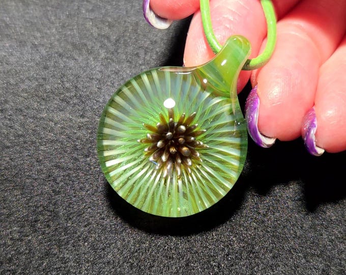 Cosmic Spiral Vortex Glass Pendant, Trippy Green Optical Illusion Necklace, Heady Lampwork Glass Jewelry