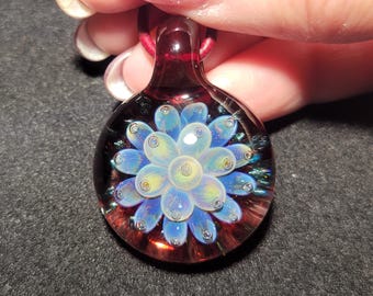Borosilicate glass Implosion choker, hand blown glass pendant with sterling silver and round Greek leather.