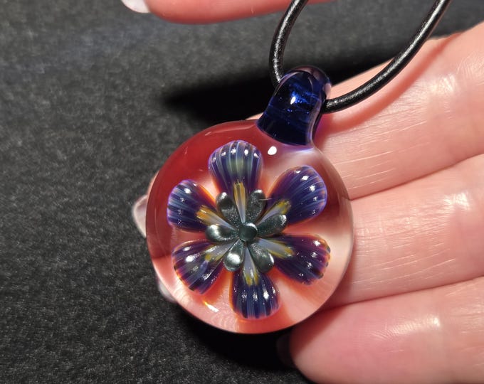 Handmade Glass flower Pendant.  Hand Blown Glass floral Implosion Necklace in Borosilicate Glass!  Reversible Heady Glass Flower gift