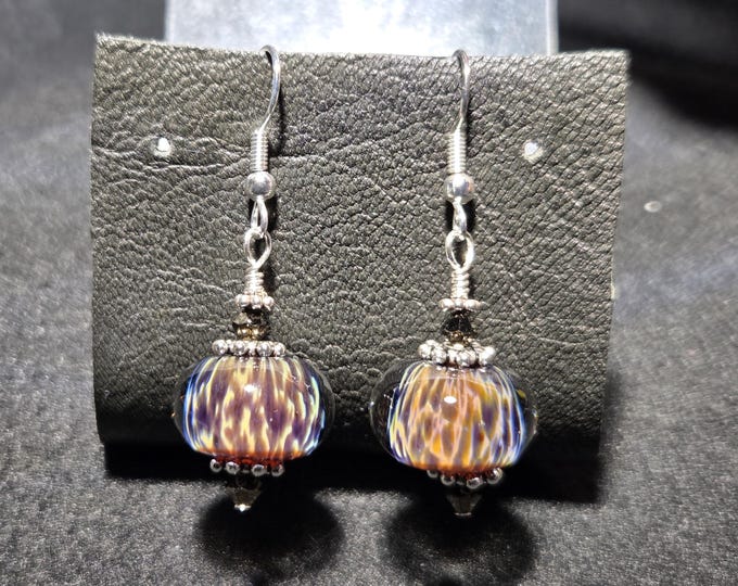 Animal Print Lampwork Frit Bead Dangle Earrings, My Handmade Blown Glass Lampwork Frit Beads With Sterling Silver. Blown Glass Jewelry