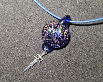 Dicro Dagger Blue Rainbow Dichroic Glass Pendant, Sparkly Galaxy Borosilicate Necklace, Handmade Heady Glass Jewelry