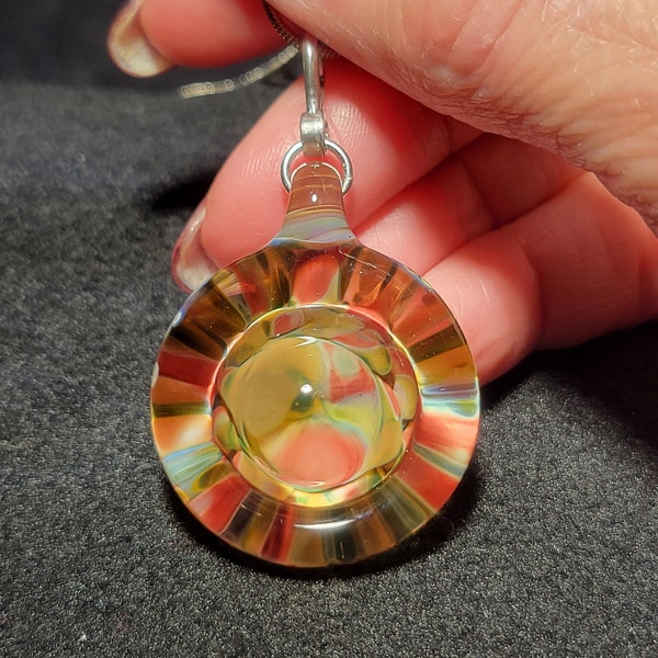 Borosilicate Implosion pendant, Handmade blown glass radial implosion design with sterling silver bail!  Large trippy pendant for men.