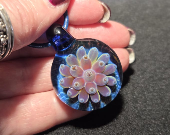 Boro Implosion charm, handmade lampwork, hand blown borosilicate heady glass pendant! Handcrafted artisan glass flower jewelry.