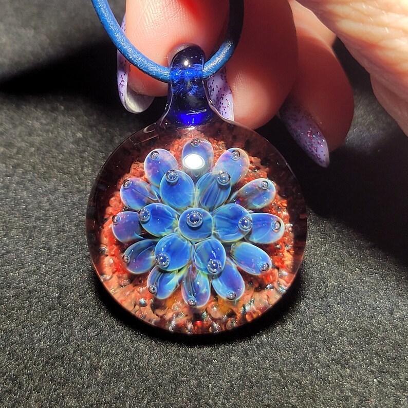 Hand Blown Blue Flower Implosion Choker Borosilicate Glass Pendant on Greek Leather Cord image 5