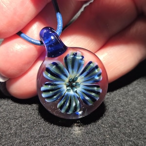 Handmade art glass necklace, Hand Blown blue boro implosion flower pendant in Borosilicate!  Heady Glass Flower Jewelry