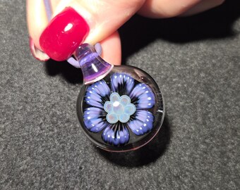 Purple Glass Flower Implosion Pendant, Pale Blue Stamen, Handmade Lampwork Borosilicate Necklace, Heady Art Glass Jewelry