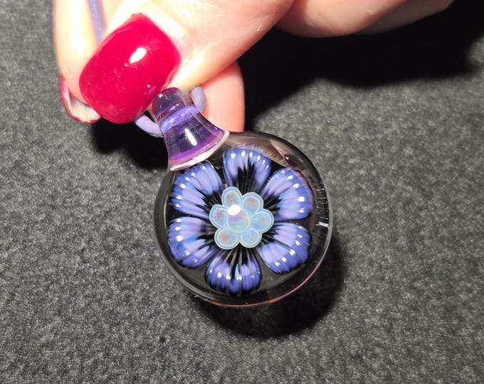 Purple Glass Flower Implosion Pendant, Pale Blue Stamen, Handmade Lampwork Borosilicate Necklace, Heady Art Glass Jewelry