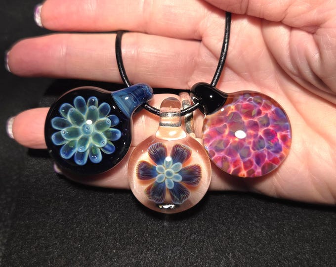 3 Blown glass pendant necklace bundle of handmade glass borosilicate implosions.  Heady glass jewelry gifts for the holidays.