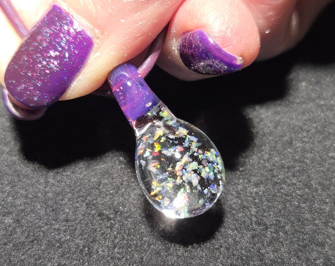 Crushed Opal Pendant • Gilson Opal Necklace, multicolor sparkle Hand Blown Borosilicate Glass Jewelry with crushed Gilson opals