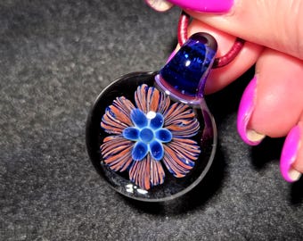 Heady Red and Blue Glass Flower Pendant Necklace, Hand Blown Borosilicate Implosion Art Glass Jewelry