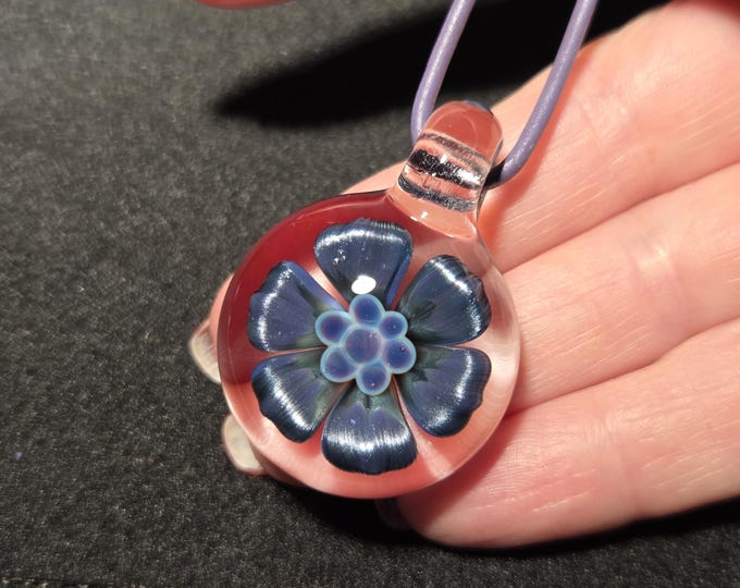 Glass Flower Necklace, Handmade Lampwork Heady Glass Pendant, Borosilicate Hand Blown Glass Gift.  Blown Glass Jewelry