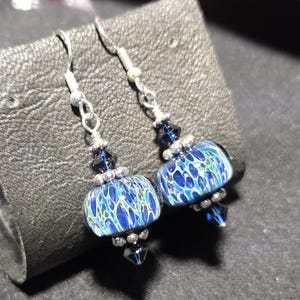 Blue Boro lampwork earrings- my handmade blown glass Boro frit beads with sterling silver and Austrian crystals.