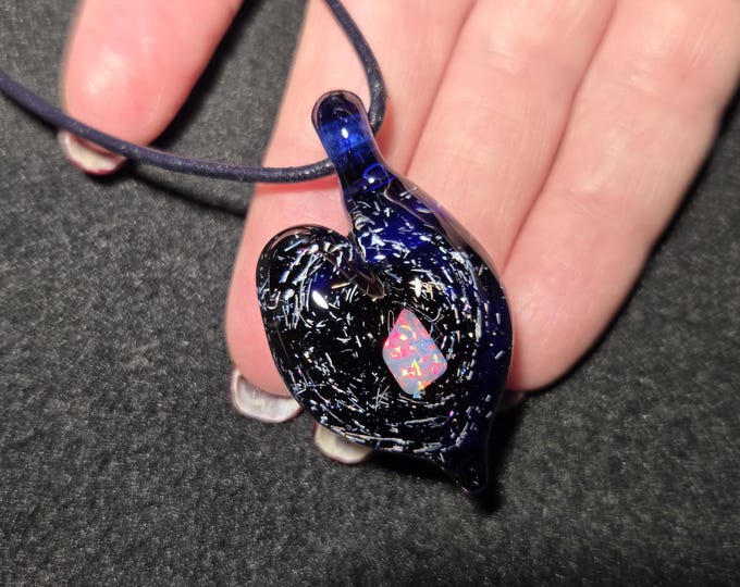 Cobalt Blue Dichroic Glass Heart Pendant with Gilson Opal, Sparkly Handmade Lampwork Necklace, Heady Glass Jewelry