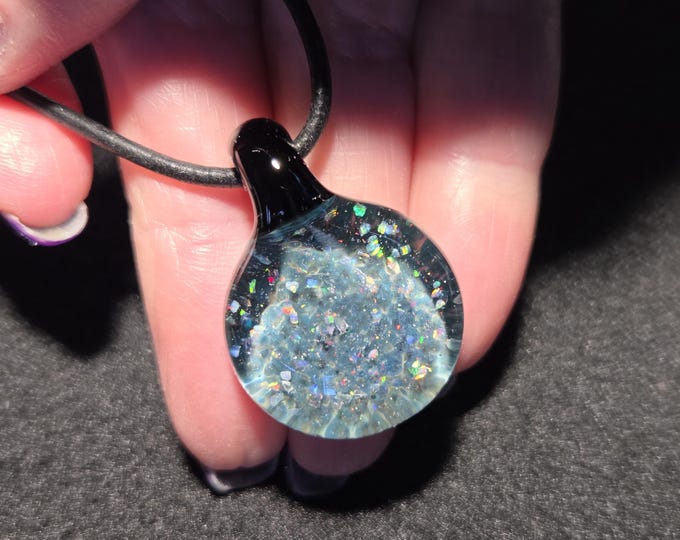 Small opal choker pendant, featuring crushed Gilson opal encased in borosilicate. Blown glass Jewelry, sparkly Galaxy opal necklace gift