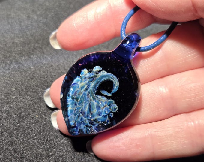 Blue wave pendant, large hand blown glass implosion necklace,  Under the sea borosilicate glass frit implosion pendant. Blown glass jewelry