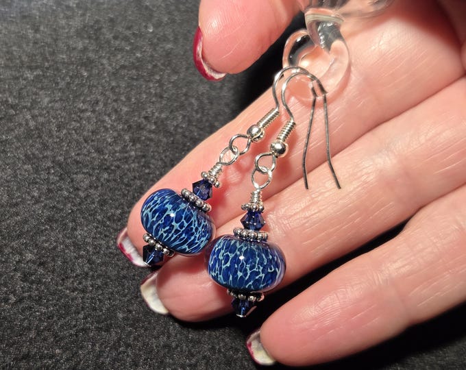 Blue lampwork earrings- my handmade blown glass Boro frit beads with sterling silver and Austrian crystals.