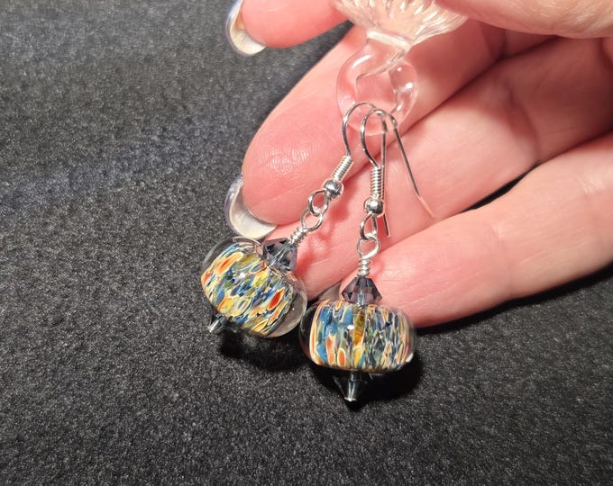 Handmade lampwork bead earrings, Boro blown glass multicolor frit bead with sterling silver and Austrian crystals. Blown glass Jewelry.