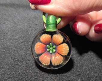 Glass Pendant, Orange and Green Hand Blown Necklace with floral boro implosion. Handmade Heady Glass Borosilicate Flower Jewelry Gift.