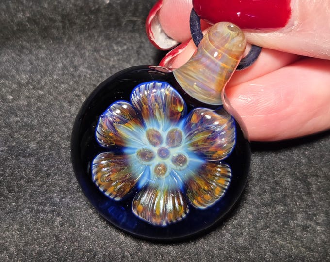 Handmade blown glass pendant, Hand blown glass flower necklace. Groovy Flower Power lotus blossom mandala Jewelry in Borosilicate glass