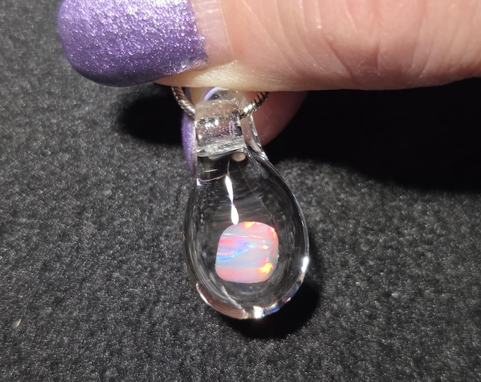 Large Gilson opal nugget encased in borosilicate pendant.  I call this hand blown glass teardrop dangle necklace design “Mermaid’s tears”.