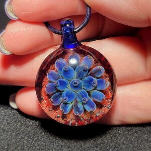 Hand Blown Blue Flower Implosion Choker Borosilicate Glass Pendant on Greek Leather Cord image 2