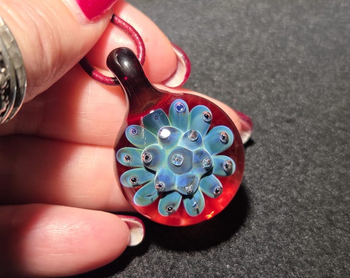 Heady Glass Pendant, Hand Blown Glass Necklace with a Blue Flower on a Cherry Red Base.  Boro Implosion pendant in borosilicate glass!