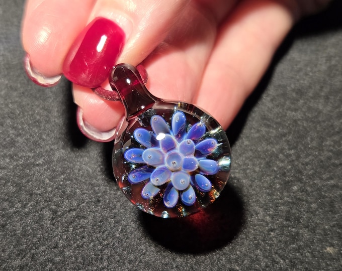 Borosilicate artisan glass choker, hand blown glass pendant with a ruby red, pink and purple implosion design.  Blown glass jewelry.