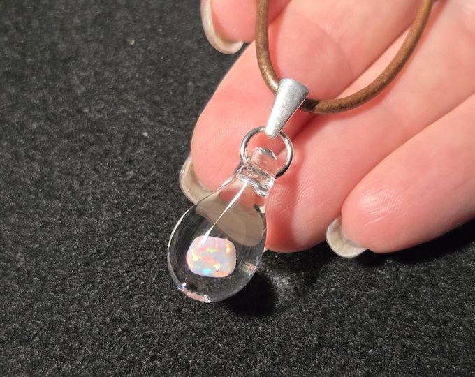 Gilson Opal Teardrop Necklace • Hand Blown Glass Pendant • Sterling Silver Bail • Mermaid Tears Opal in Borosilicate • Dainty Opal Dangle.