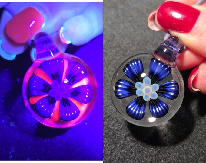 UV Reactive Purple, Blue Glass Flower Pendant, Handmade Borosilicate Glow Party Necklace, Blown Glass Jewelry, Reversible Floral Implosion