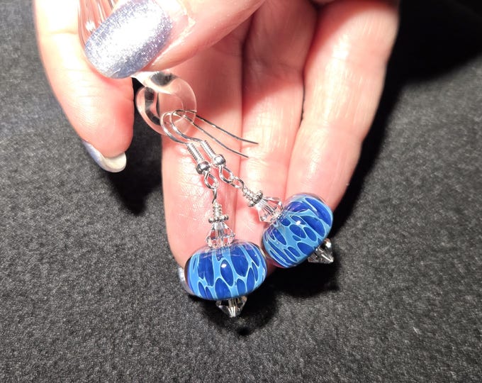 Handmade blue borosilicate lampwork frit bead earrings with high-quality faceted crystals and sterling silver fishhook earrings