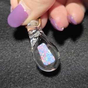 Large White Gilson opal encased in borosilicate pendant.  I call this opal teardrop dangle necklace design “Mermaid’s tears”.
