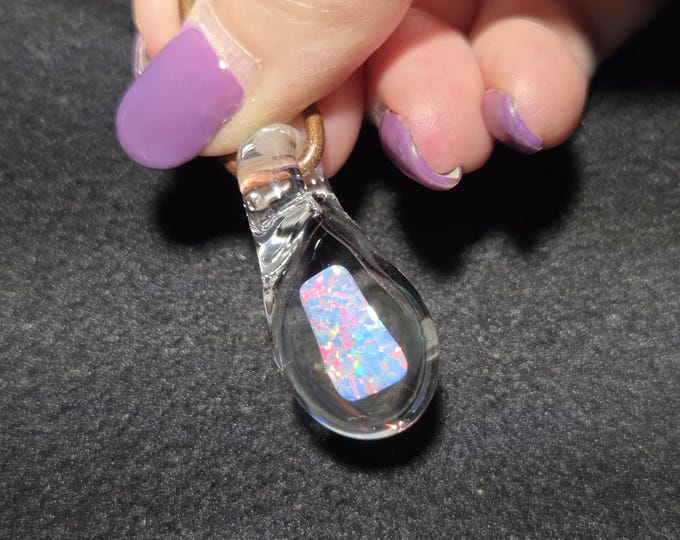 Large White Gilson opal encased in borosilicate pendant.  I call this opal teardrop dangle necklace design “Mermaid’s tears”.