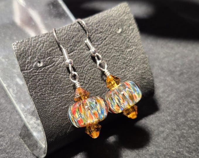 Handmade lampwork bead earrings, Boro blown glass multicolor frit bead with sterling silver and Austrian crystals. Blown glass Jewelry.