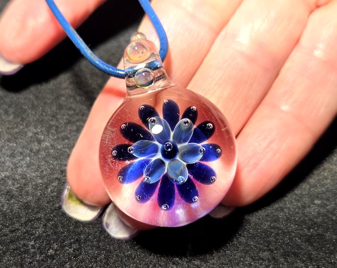 UV Reactive Heady Glass Pendant, Hand Blown Glass Jewelry, Borosilicate Flower Implosion Necklace, Hot Pink Blacklight Festival Gift