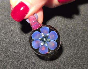 Purple Glass Flower Implosion Pendant, Silver Blue Stamen, Handmade Lampwork Borosilicate Necklace, Heady Floral Jewelry