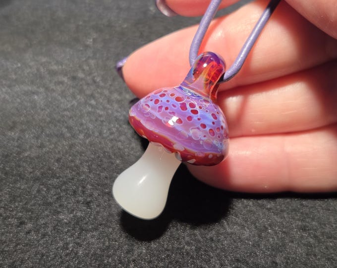 Pink Boro Mushroom Pendant, Handmade Mushroom Jewelry, Psychedelic Art Glass Necklace, Trippy Hippie Shroom, Cute Toadstool Gift