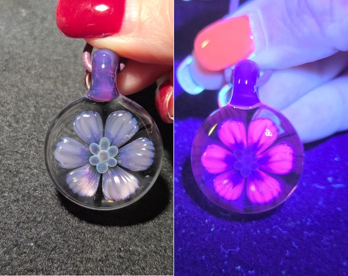 Glass Flower Pendant, UV Reactive Pink and Purple floral Implosion Necklace, Handmade Lampwork Borosilicate Hand Blown Jewelry