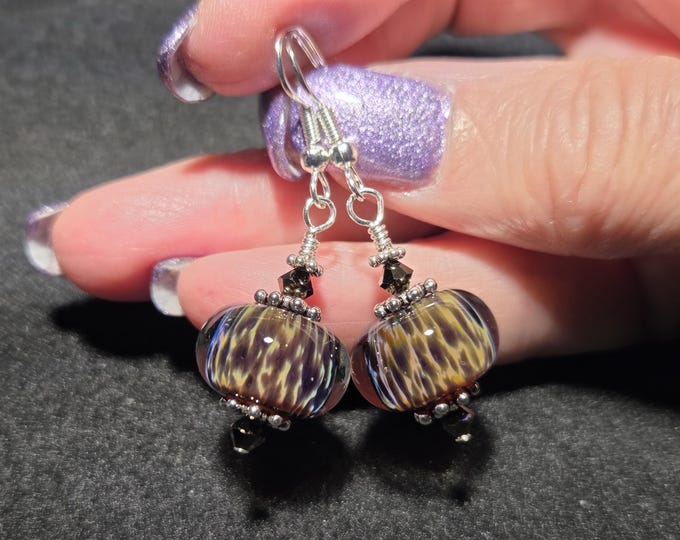 Animal Print Lampwork Frit Bead dangle earrings, my handmade blown glass lampwork frit beads with sterling silver. Blown glass Jewelry