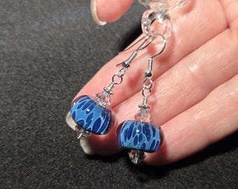 Handmade blue borosilicate lampwork frit bead earrings with high-quality faceted crystals and sterling silver fishhook earrings