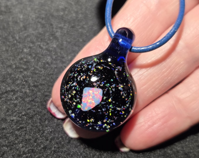 Sparkly Crushed Opal Glass Pendant with Gilson Opal Nugget, Handmade Lampwork Heady Glass Pendant in Cobalt Blue