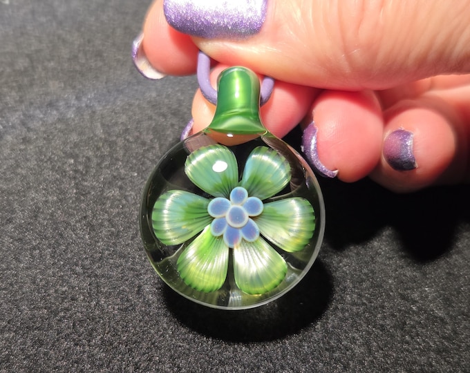 Green Glass Flower Pendant, Handmade Borosilicate Implosion Necklace, Heady, Groovy 70s Floral Jewelry