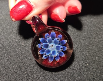 Glass pendant: Borosilicate Lampwork Implosion pendant, Large glass flower necklace for glass lovers.