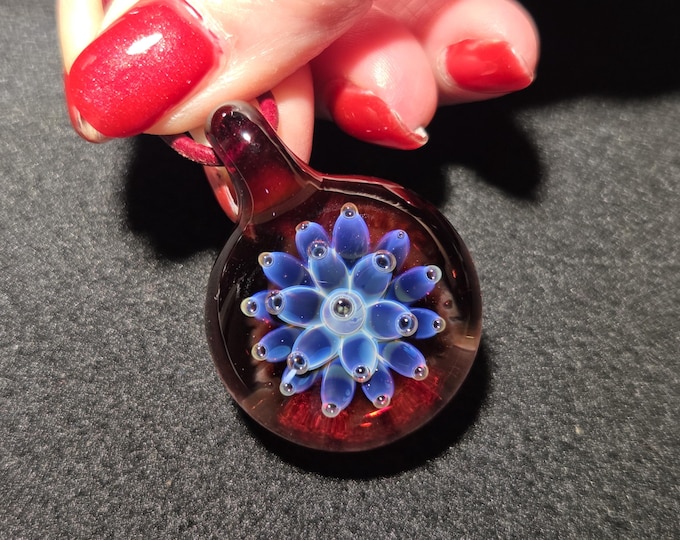 Glass pendant: Borosilicate Lampwork Implosion pendant, Large glass flower necklace for glass lovers.