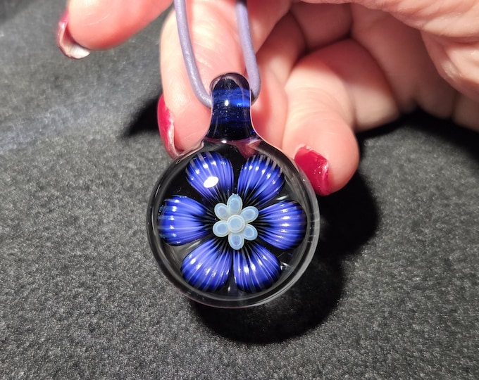 Purple Glass Pendant, Hand Blown Necklace with Boro Implosion. Handmade Glass flower Pendant in Borosilicate!  Heady Glass Flower Jewelry